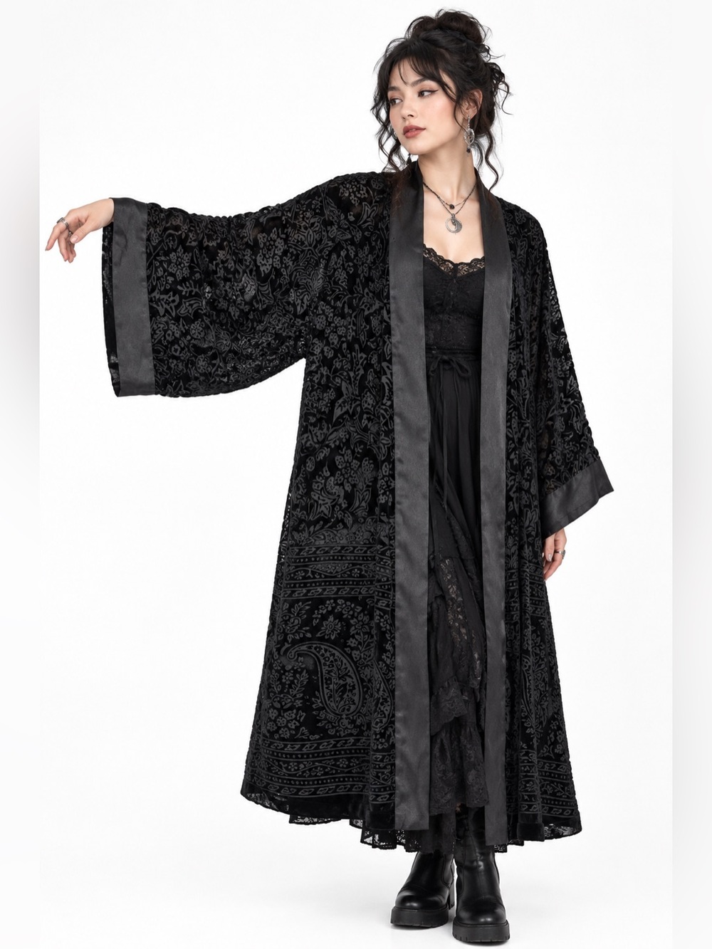 Whimsigoth Black Velvet Burnout Duster Kimono Witchy Vampirecore Fairy Grunge